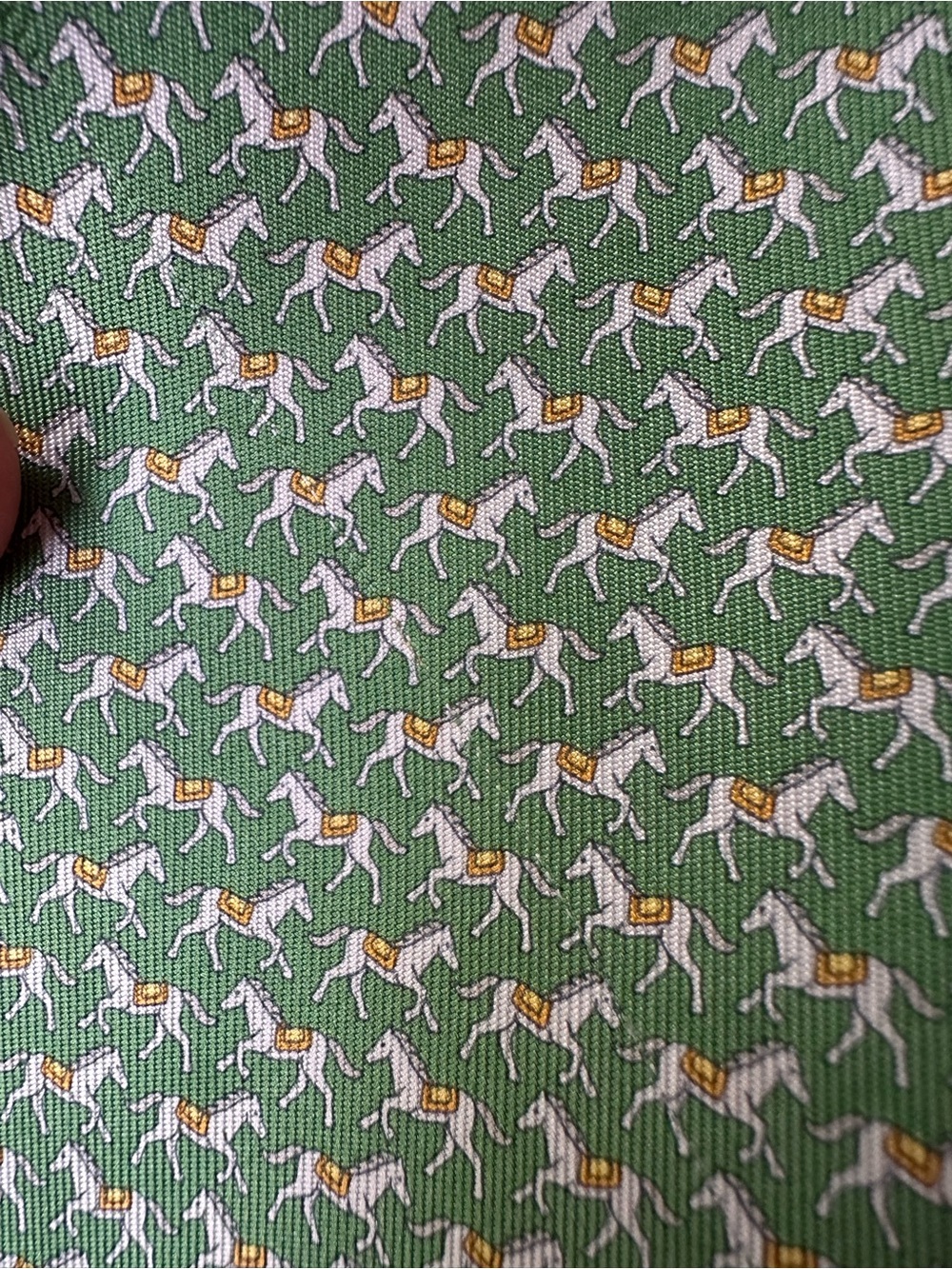 Salvatore Ferragamo silk tie with White Horse Print and Gold Accents